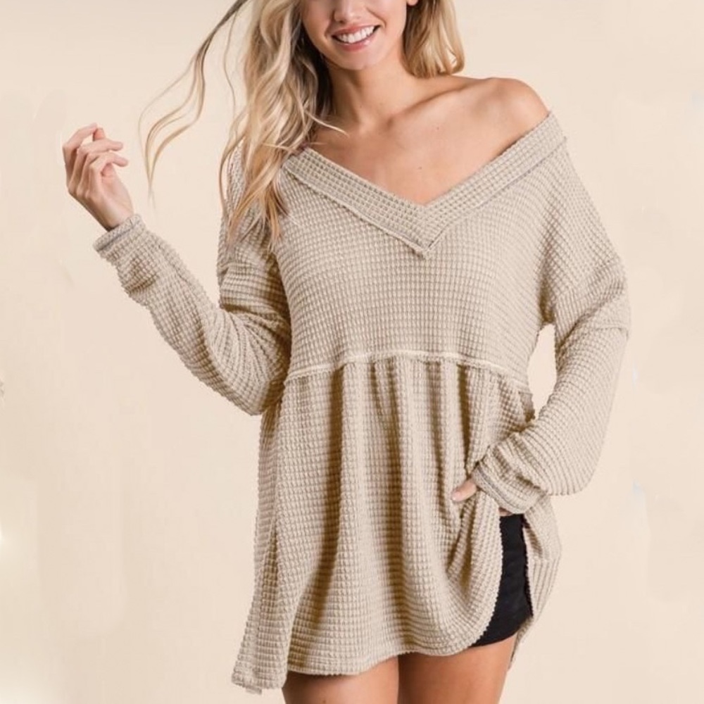 New Khaki Waffle Knit Long Sleeve Tunic Top